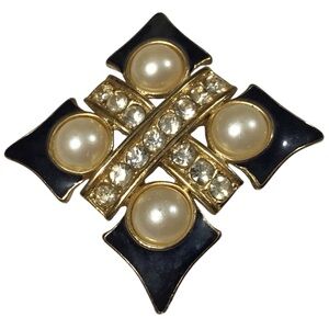 Black Enamel Brooch Pendant Pearls Clear Stones Gold Tone Costume Jewelry